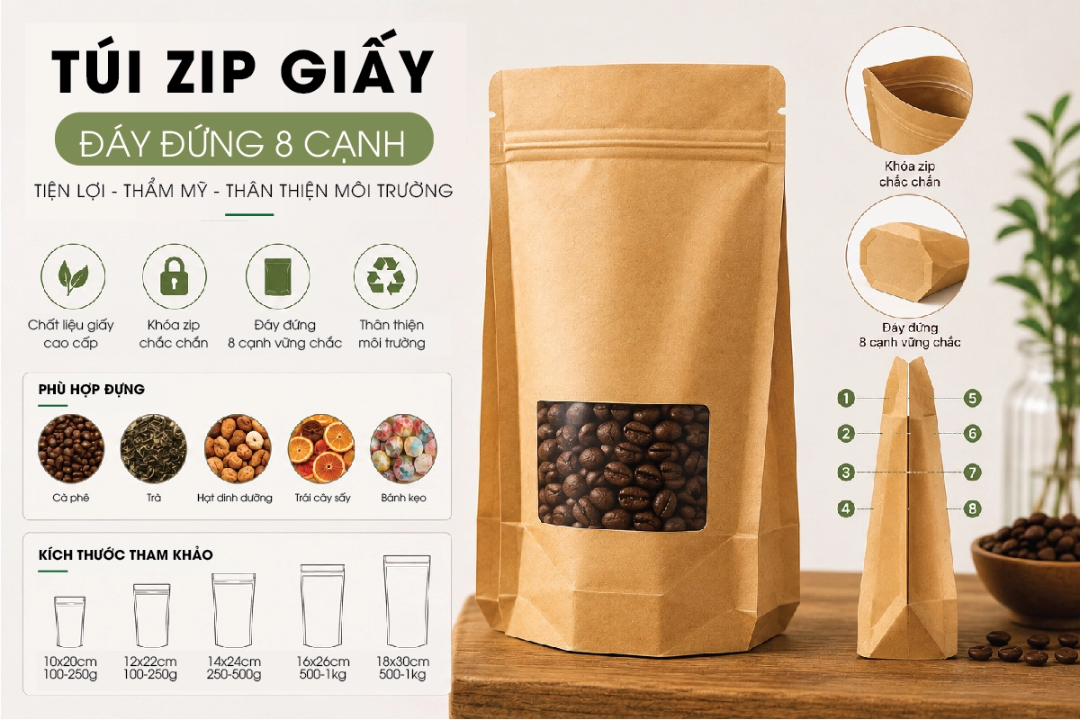Túi zip giấy đáy đứng 8 cạnh Túi zip giấy đáy đứng 8 cạnh